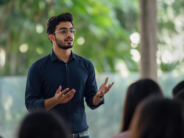Un joven pronuncia un discurso ante la audiencia