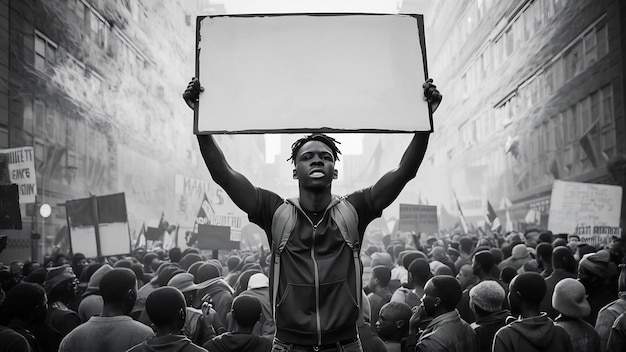 Foto joven protestando con una tabla en blanco