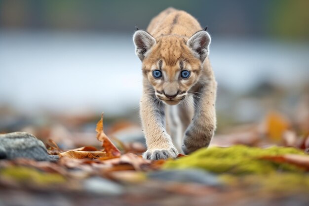 Foto joven puma practicando el acecho