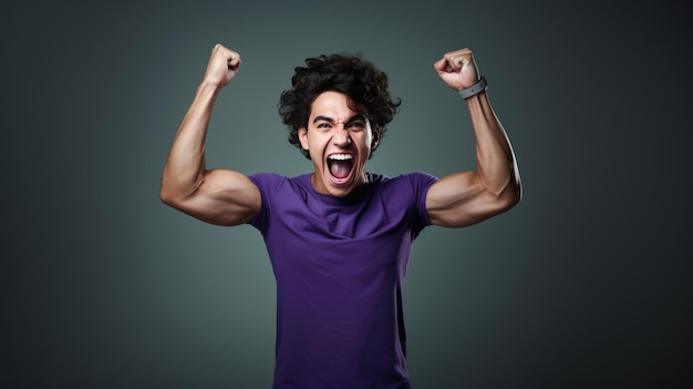 Joven con los puños levantados en un gesto victorioso y una amplia sonrisa alegre en su rostro probablemente celebrando un éxito o una victoria