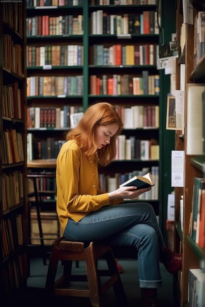 Una joven que envía mensajes de texto a su teléfono celular mientras navega en una librería creada con inteligencia artificial generativa