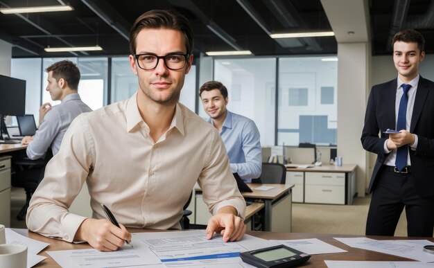 Joven que trabaja como freelance o estudiante con trabajos de papel en una oficina de coworking o colegas de la universidad de un espacio de trabajo moderno hablando y sonriendo mientras se sienta en la mesa de escritorio