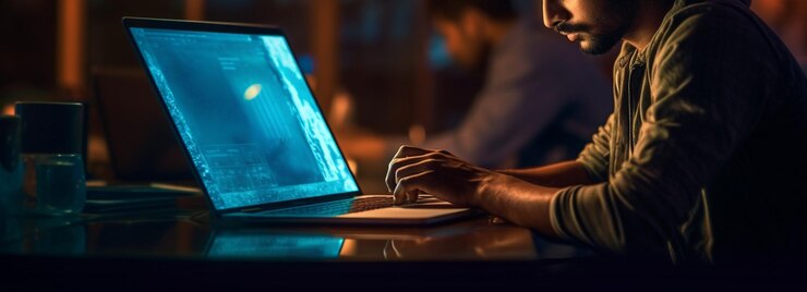 Joven que trabaja hasta tarde en la noche en una oficina oscura con una computadora portátil