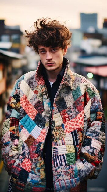 Un joven que usa un haori hecho de telas coloridas cosidas juntas