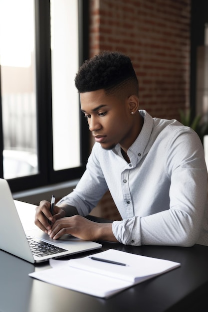 Foto un joven que usa su computadora portátil mientras está sentado en un escritorio con papeleo creado con inteligencia artificial generativa