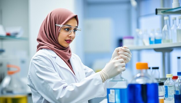 Joven químico con hijab trabajando en un laboratorio