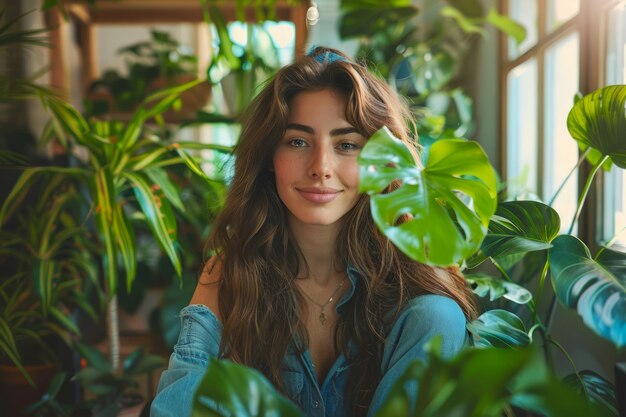 Una joven radiante sonriendo en medio de exuberantes plantas de interior en un ambiente doméstico soleado