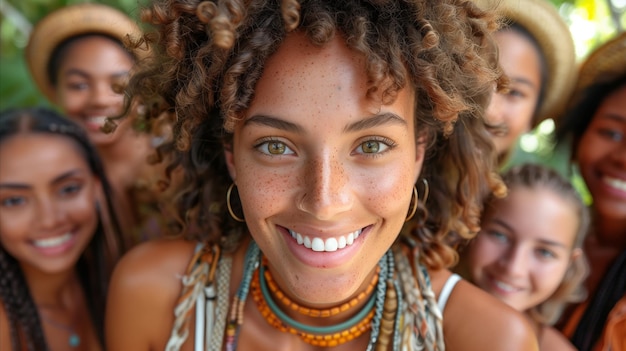 Una joven radiante y sonriente con amigos en un entorno tropical