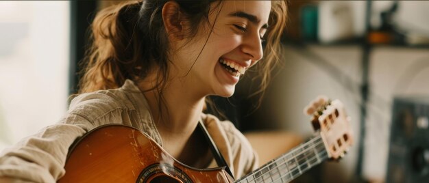 Una joven radiante tocando la guitarra se ríe en el aire.