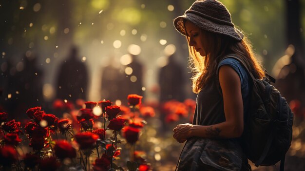 joven con un ramo de flores rojas en sus manos