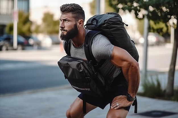 Foto un joven realiza ejercicios con una mochila una nueva de deporte sacudiendo mochila pesada caminando fitness al aire libre