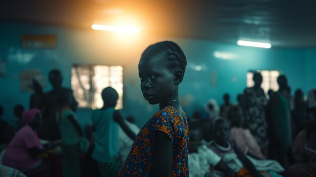 Una joven recibiendo medicamentos para la malaria en una clínica abarrotada y bien iluminada con otros pacientes