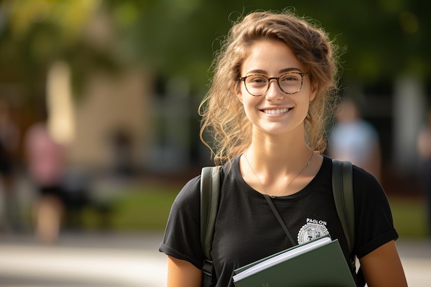 Foto una joven reflexiva se prepara para la universidad en el campus green