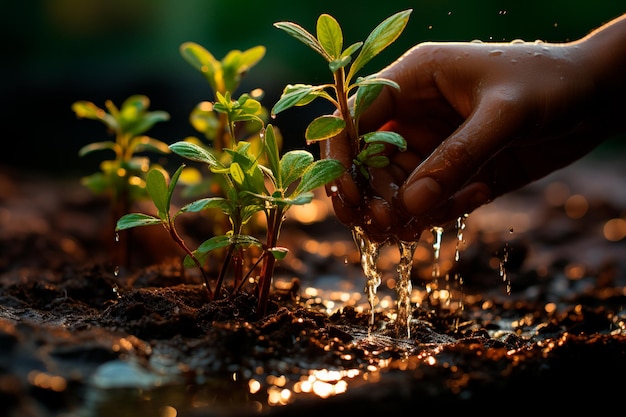 joven regando plantas en el jardín