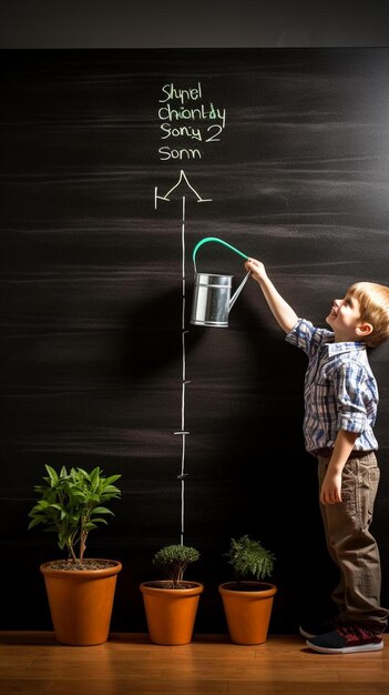 Foto un joven regando plantas en una pizarra.