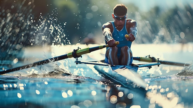 Foto un joven remador masculino arrastrando un barco de carreras en un lago el remador lleva un singlet azul y gafas de sol