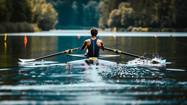 Un joven remador masculino recogiendo una concha de carreras en un lago