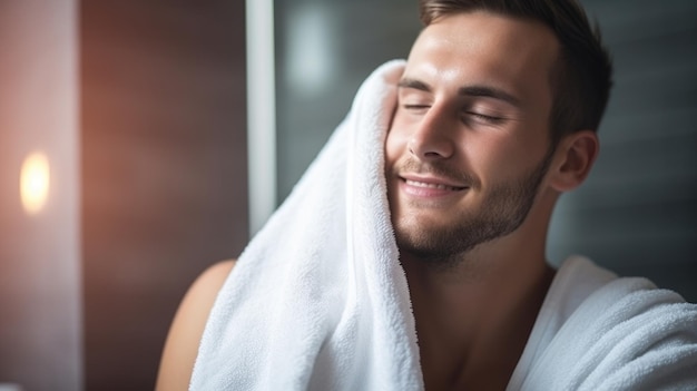 Un joven renovado usando una toalla de baño después de una ducha