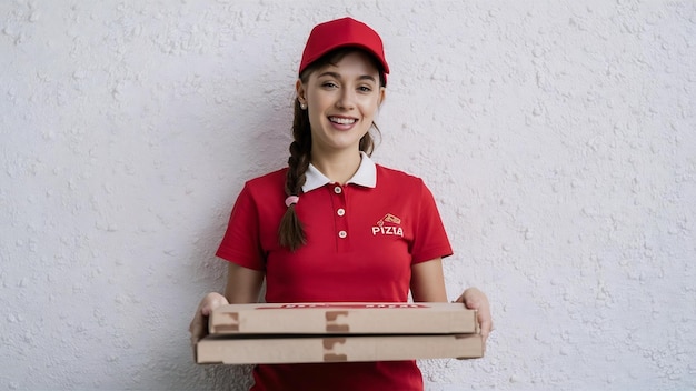 Una joven repartidora con uniforme rojo y gorra sosteniendo cajas de pizza sonriendo con la cara feliz de pie