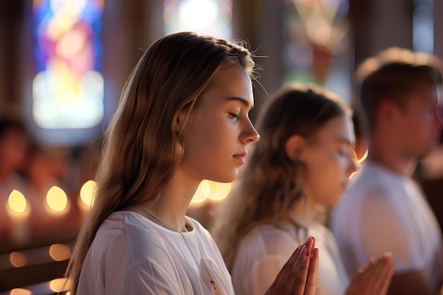 Foto una joven reza en la iglesia junto con otros feligreses