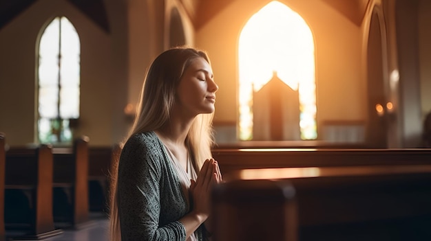 Una joven reza en una iglesia.