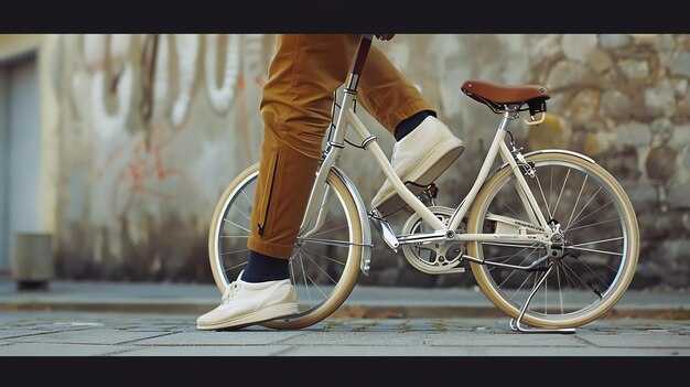 Un joven con ropa casual monta una bicicleta antigua por las estrechas calles de la ciudad vieja