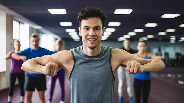 Joven en ropa deportiva una clase de ejercicio en un gimnasio