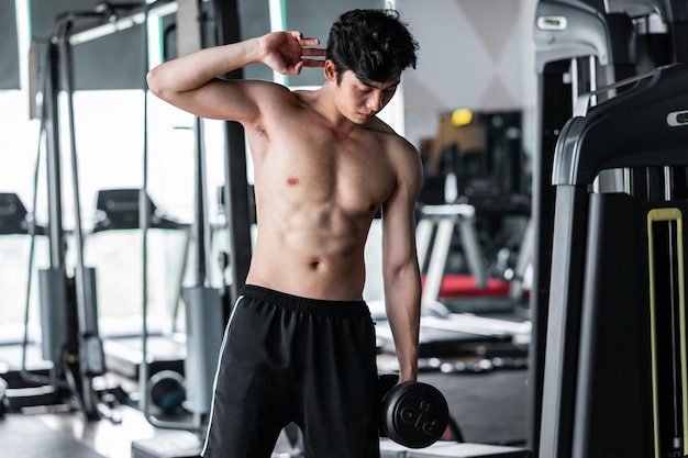 ejercicios de hombre asiático en fitness. joven sano en ropa deportiva  haciendo ejercicio de brazos en el gimnasio. 9178573 Foto de stock en  Vecteezy