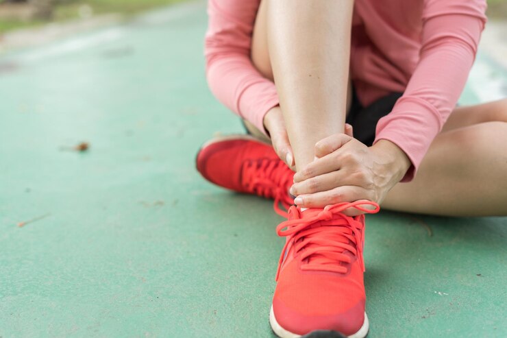 Una joven con ropa deportiva rosa se lastimó el tobillo durante el ejercicio en el parque Sección baja de una chica deportiva que sufre de un tobillo volteado mientras estaba sentada en la pista durante un accidente por concepto de ejercicio