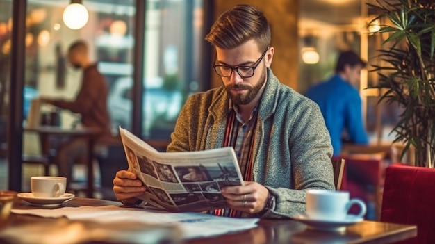 Foto un joven con ropa informal y anteojos lee un periódico en un café ia generativa