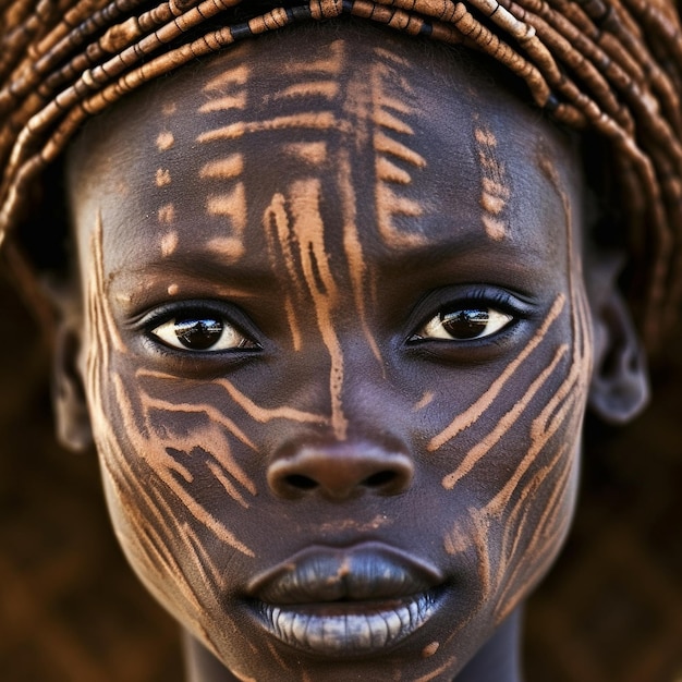 Un joven con un rostro tradicional pintado con la palabra masai.