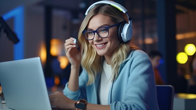 Una joven rubia con anteojos se sienta en una mesa y mira la pantalla de una computadora portátil Capacitación en línea trabajo remoto Banner con lugar para texto IA generativa