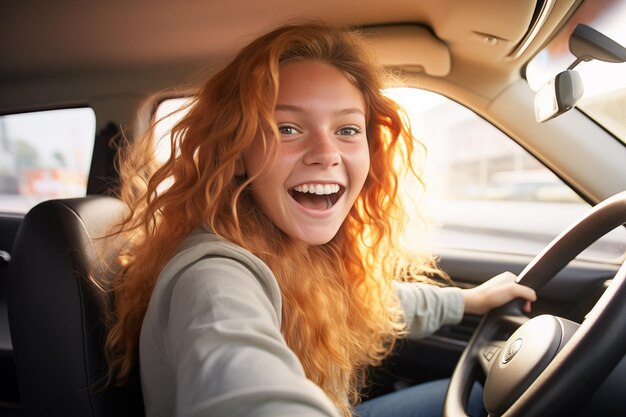 Una joven rubia bonita dentro de un coche y conduciendo