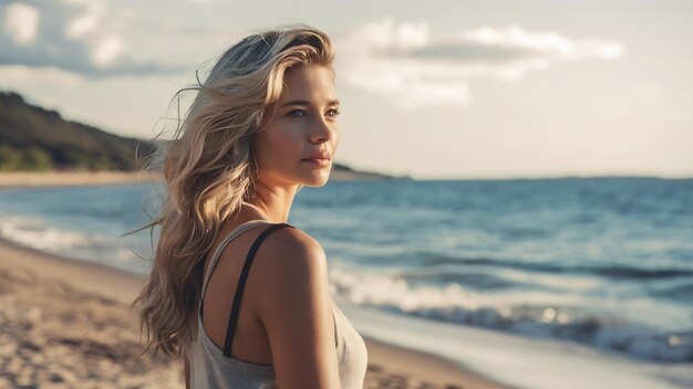 Joven rubia bonita mujer joven bronceada de pie en la playa cerca del mar de vuelta esperando y soñando