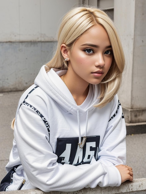 Una joven rubia con una camiseta blanca