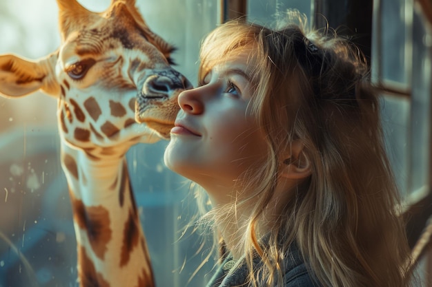 Una joven rubia disfrutando de un momento de ternura con una jirafa al atardecer a través de una ventana de vidrio