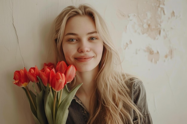 Una joven rubia está de pie contra una pared blanca sonriendo y sosteniendo un ramo de tulipanes rojos