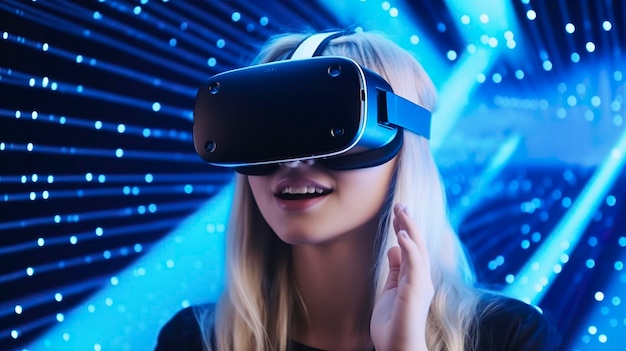 Joven rubia mira luces abstractas en gafas negras de realidad virtual sobre un fondo azul generat ai