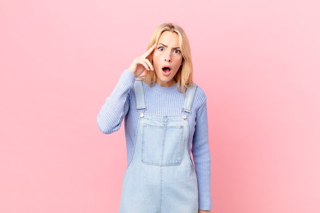 Joven rubia mirando sorprendido, dándose cuenta de un nuevo pensamiento, idea o concepto