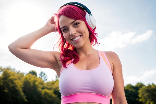 Joven rubia con ropa deportiva escuchando música en el parque