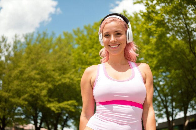 Joven rubia con ropa deportiva escuchando música en el parque