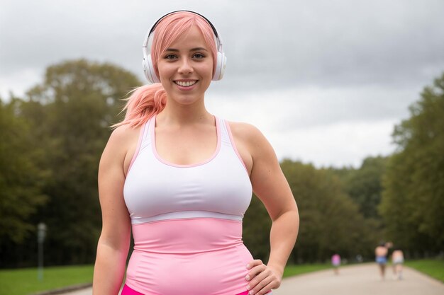 Joven rubia con ropa deportiva escuchando música en el parque