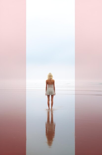 Foto una joven rubia solitaria en una playa de arena.