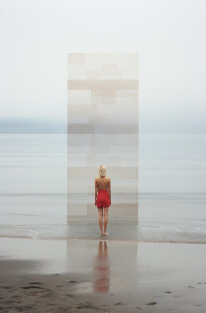 Foto una joven rubia solitaria en una playa de arena.