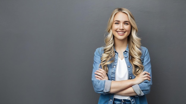 Una joven rubia sonriente con los brazos cruzados de pie contra un telón de fondo gris