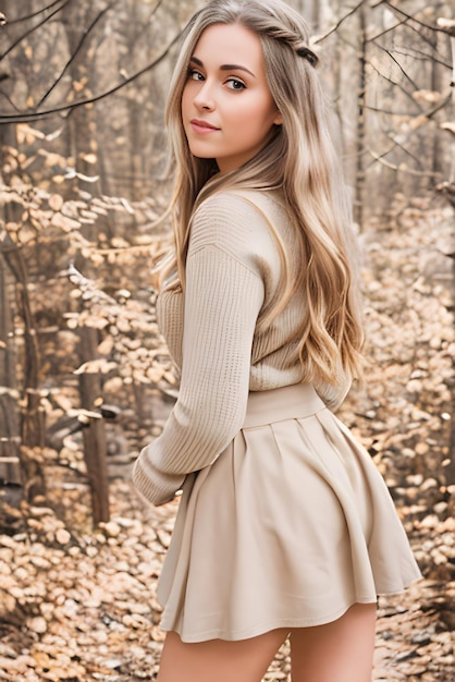 Una joven rubia con un suéter plateado y minifalda camina por un bosque