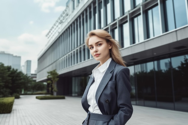 Joven rubia tímida vestida de negocios parada frente al moderno edificio de oficinas AI generativo AIG20