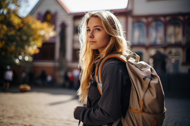 una joven rubia viva con una mochila su dedo levantado simboliza el mejor o número uno