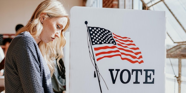 Una joven rubia votando en una cabina Una mujer emitiendo su voto Una cabina de votación con la bandera estadounidense Votar es un deber cívico Una mujer rubia votante en una elección Votantes en las elecciones presidenciales estadounidenses