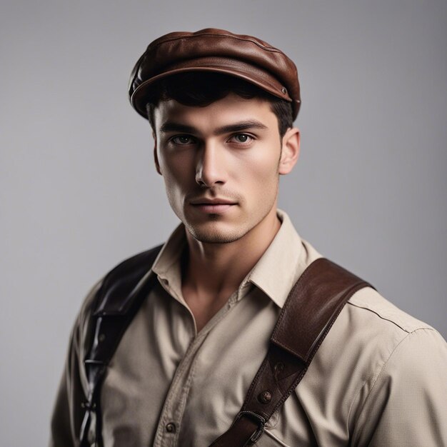 Foto un joven rumano de 25 años retrato arrugado en un fondo blanco de gorra de minero de cuero